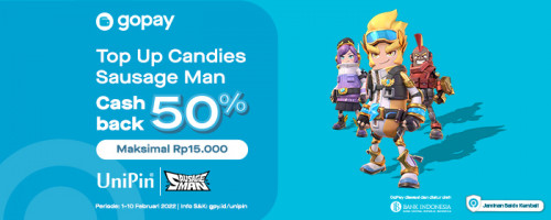 PROMO – Cashback 50% Buat Kamu yang Top Up Candies Sausage Man Pakai Gopay!